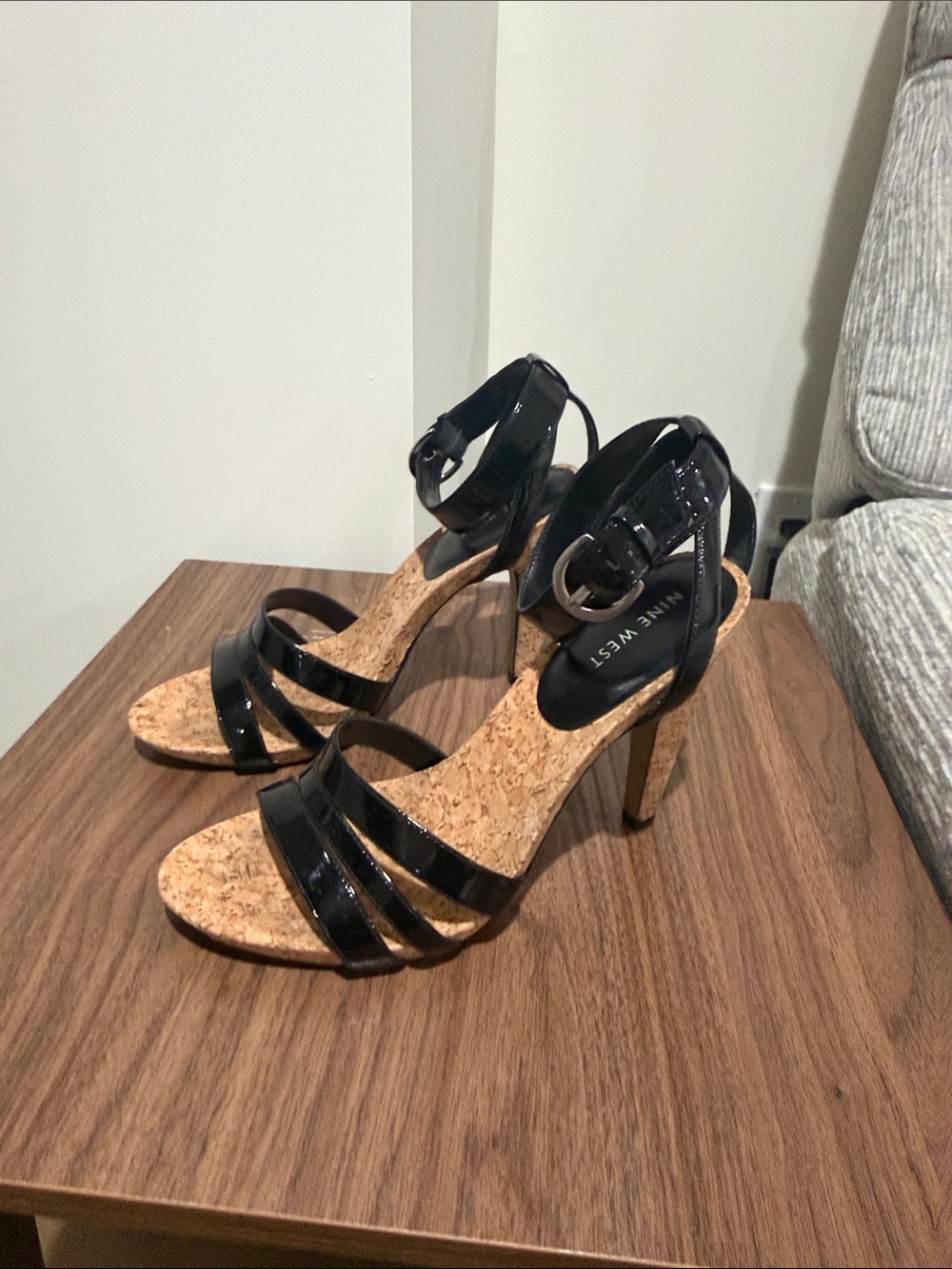 Nine West Black Patent Strappy Cork-Heel Sandals